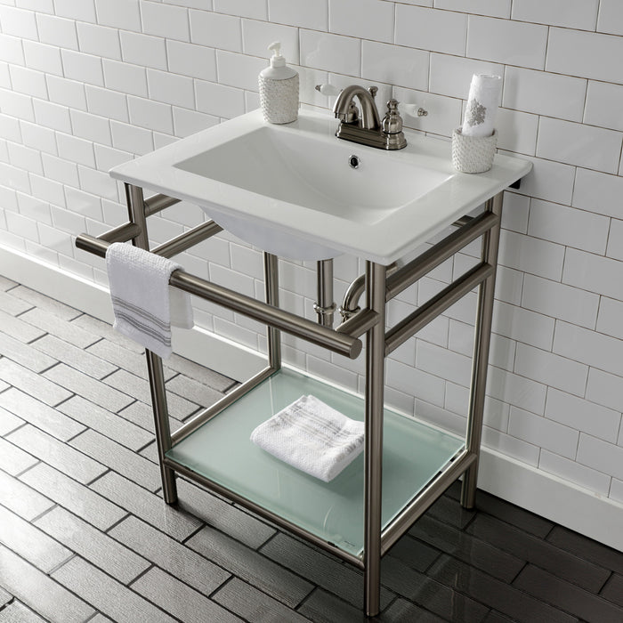 Kingston Sona VPB24187W48 - Sheridan 24-Inch Ceramic Console Sink with Stainless Steel Legs and Glass Shelf (4-Inch, 3-Hole), White/Brushed Nickel