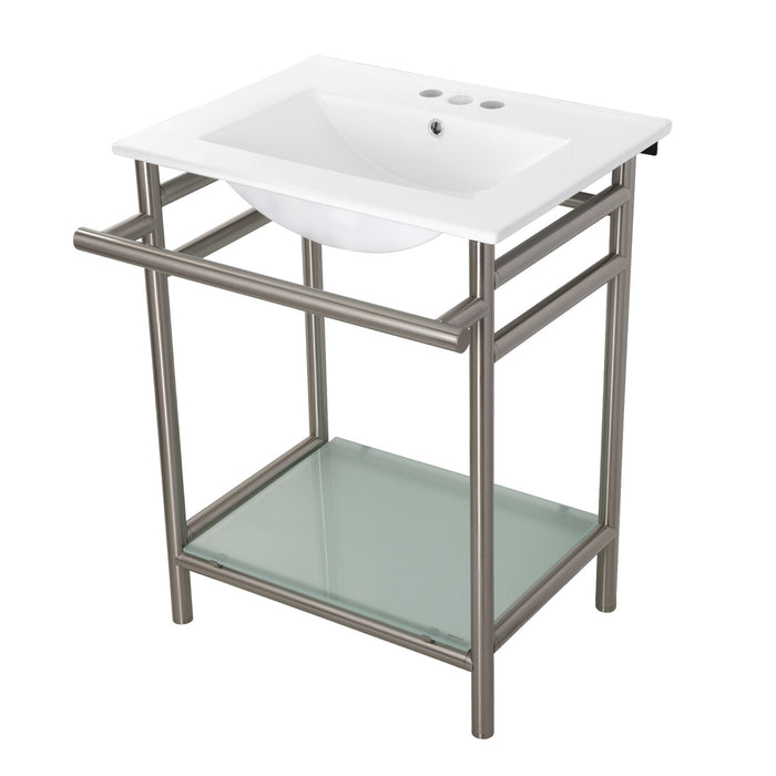 Kingston Sona VPB24187W48 - Sheridan 24-Inch Ceramic Console Sink with Stainless Steel Legs and Glass Shelf (4-Inch, 3-Hole), White/Brushed Nickel