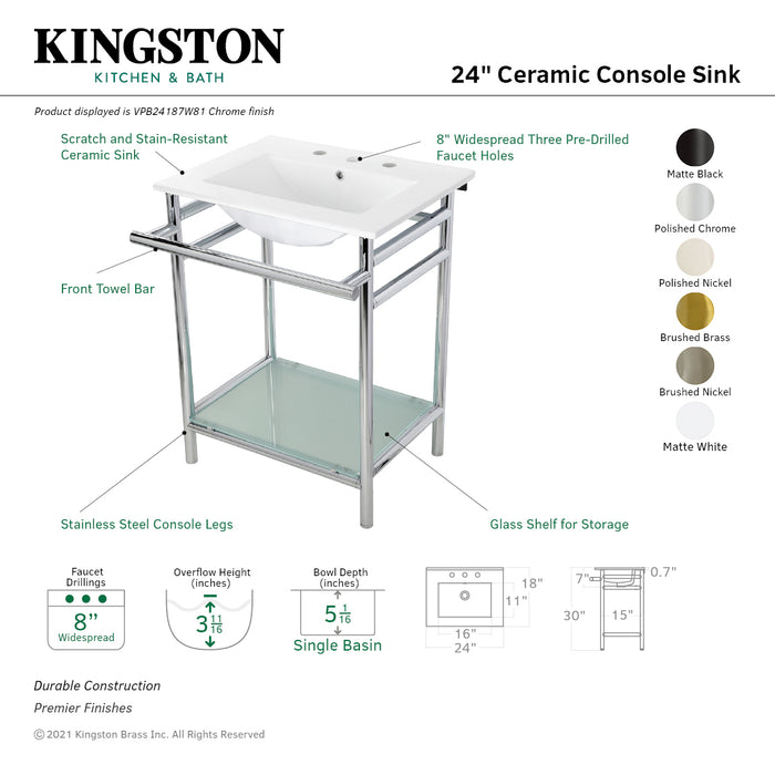 Kingston Sona VPB24187W80 - Sheridan 24-Inch Ceramic Console Sink with Stainless Steel Legs and Glass Shelf (8-Inch, 3-Hole), White/Matte Black