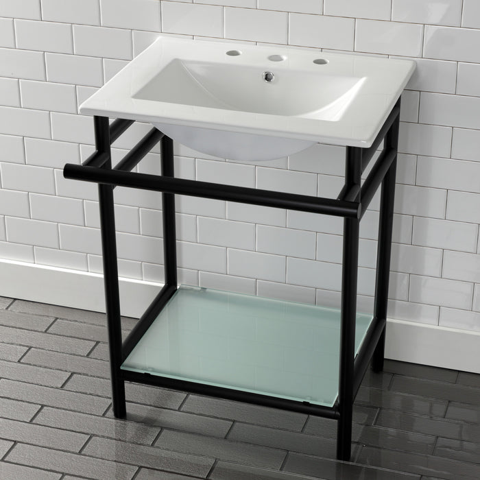 Kingston Sona VPB24187W80 - Sheridan 24-Inch Ceramic Console Sink with Stainless Steel Legs and Glass Shelf (8-Inch, 3-Hole), White/Matte Black