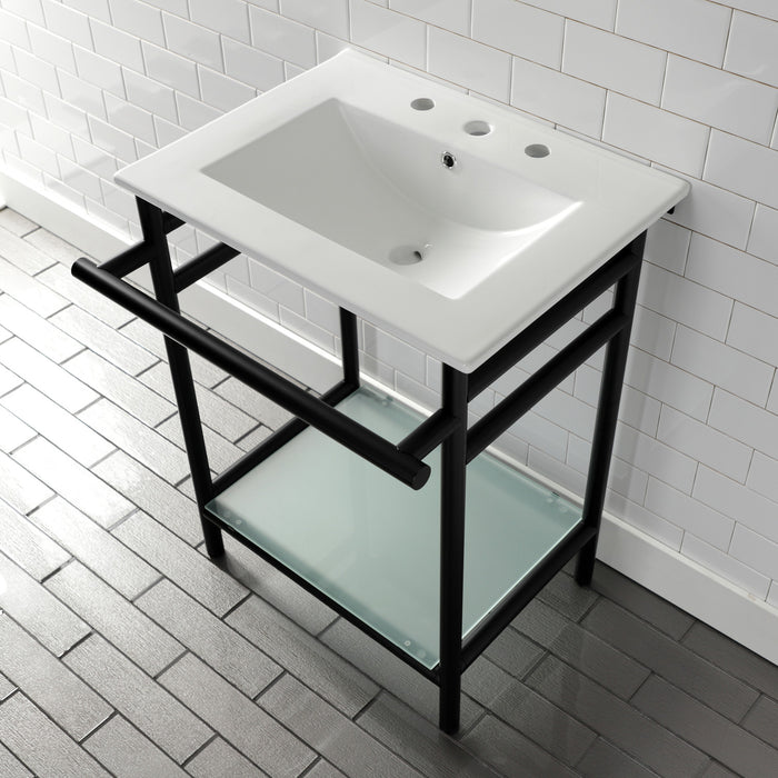 Kingston Sona VPB24187W80 - Sheridan 24-Inch Ceramic Console Sink with Stainless Steel Legs and Glass Shelf (8-Inch, 3-Hole), White/Matte Black