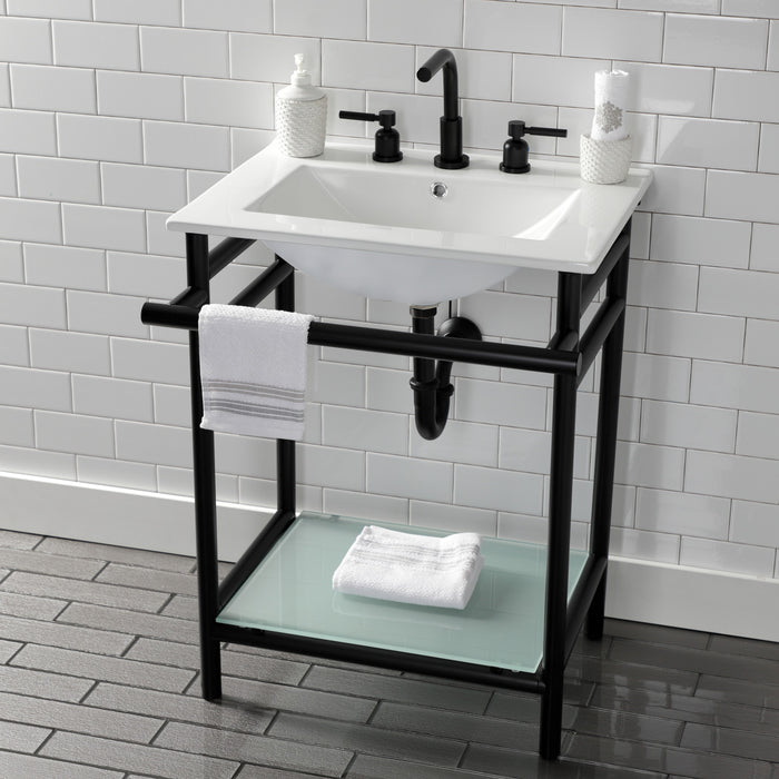 Kingston Sona VPB24187W80 - Sheridan 24-Inch Ceramic Console Sink with Stainless Steel Legs and Glass Shelf (8-Inch, 3-Hole), White/Matte Black