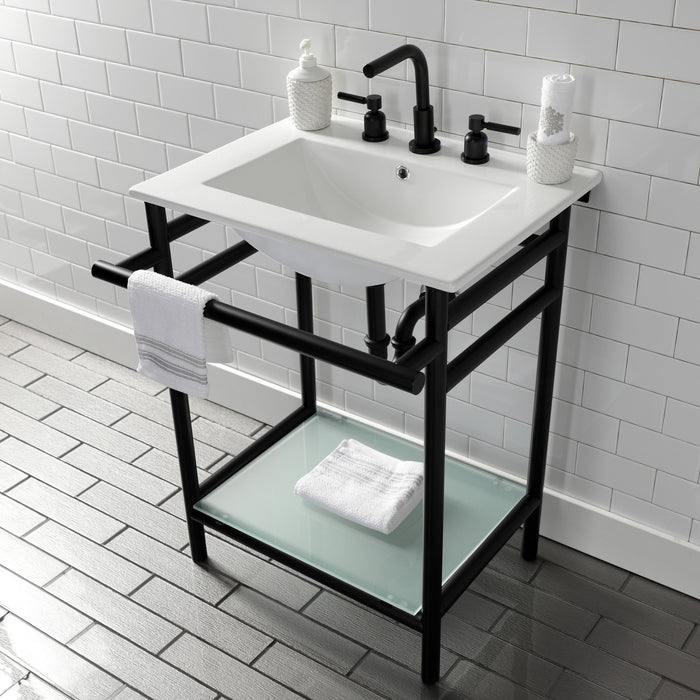Kingston Sona VPB24187W80 - Sheridan 24-Inch Ceramic Console Sink with Stainless Steel Legs and Glass Shelf (8-Inch, 3-Hole), White/Matte Black