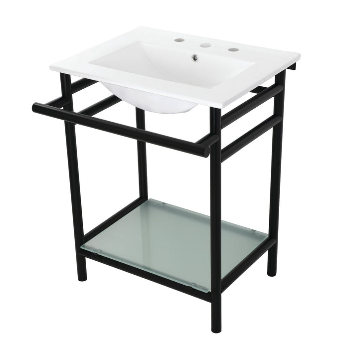 Kingston Sona VPB24187W80 - Sheridan 24-Inch Ceramic Console Sink with Stainless Steel Legs and Glass Shelf (8-Inch, 3-Hole), White/Matte Black
