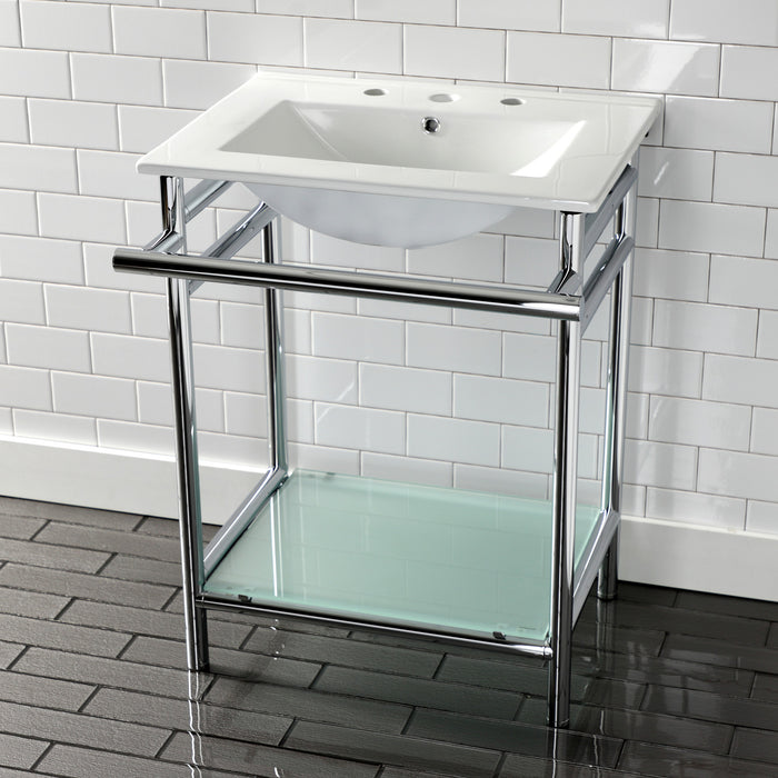 Kingston Sona VPB24187W81 - Sheridan 24-Inch Ceramic Console Sink with Stainless Steel Legs and Glass Shelf (8-Inch, 3-Hole), White/Polished Chrome