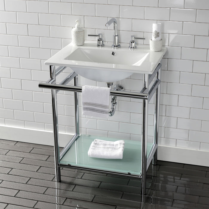 Kingston Sona VPB24187W81 - Sheridan 24-Inch Ceramic Console Sink with Stainless Steel Legs and Glass Shelf (8-Inch, 3-Hole), White/Polished Chrome