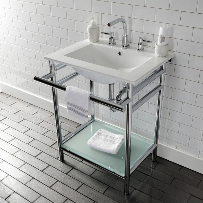 Kingston Sona VPB24187W81 - Sheridan 24-Inch Ceramic Console Sink with Stainless Steel Legs and Glass Shelf (8-Inch, 3-Hole), White/Polished Chrome