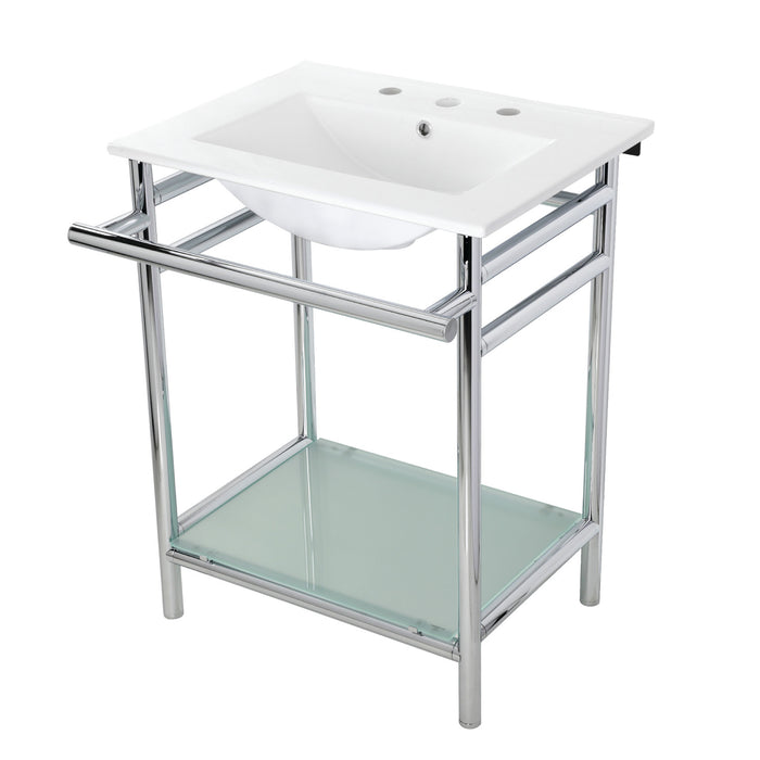 Kingston Sona VPB24187W81 - Sheridan 24-Inch Ceramic Console Sink with Stainless Steel Legs and Glass Shelf (8-Inch, 3-Hole), White/Polished Chrome
