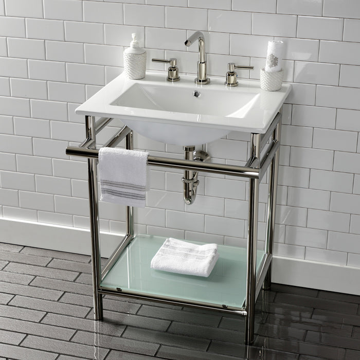 Kingston Sona VPB24187W86 - Sheridan 24-Inch Ceramic Console Sink with Stainless Steel Legs and Glass Shelf (8-Inch, 3-Hole), White/Polished Nickel