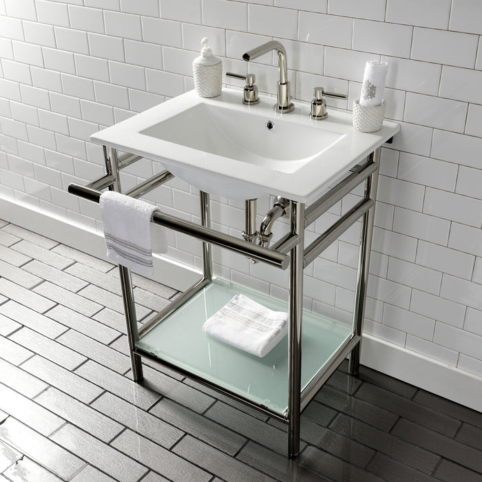 Kingston Sona VPB24187W86 - Sheridan 24-Inch Ceramic Console Sink with Stainless Steel Legs and Glass Shelf (8-Inch, 3-Hole), White/Polished Nickel