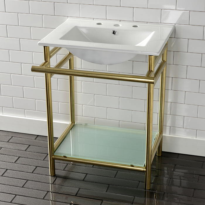 Kingston Sona VPB24187W87 - Sheridan 24-Inch Ceramic Console Sink with Stainless Steel Legs and Glass Shelf (8-Inch, 3-Hole), White/Brushed Brass