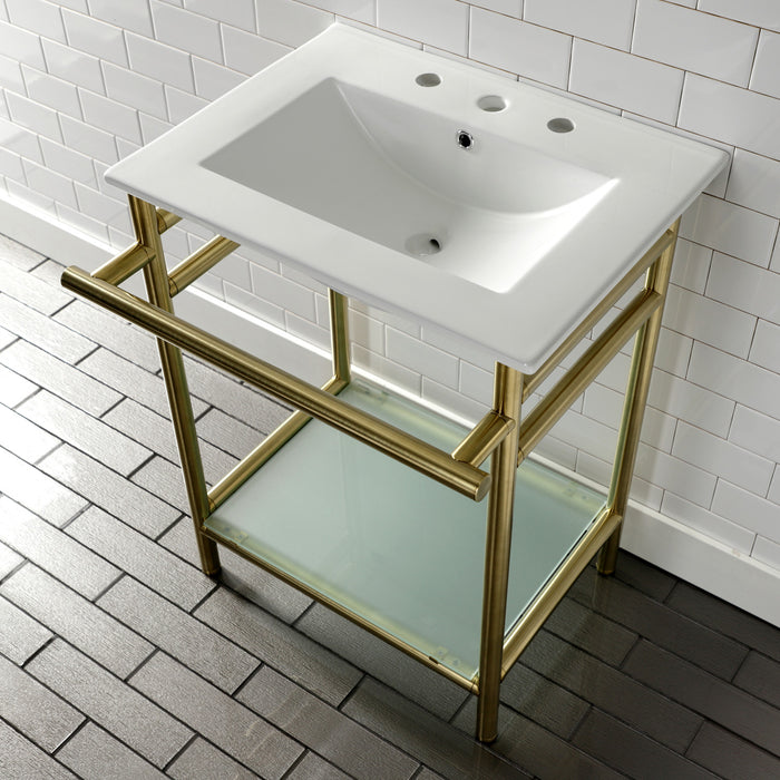 Kingston Sona VPB24187W87 - Sheridan 24-Inch Ceramic Console Sink with Stainless Steel Legs and Glass Shelf (8-Inch, 3-Hole), White/Brushed Brass