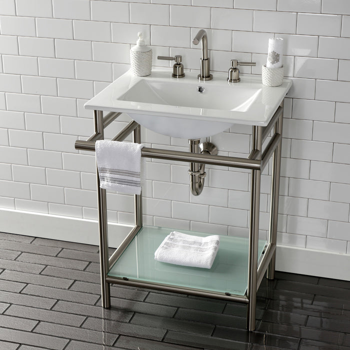 Kingston Sona VPB24187W88 - Sheridan 24-Inch Ceramic Console Sink with Stainless Steel Legs and Glass Shelf (8-Inch, 3-Hole), White/Brushed Nickel