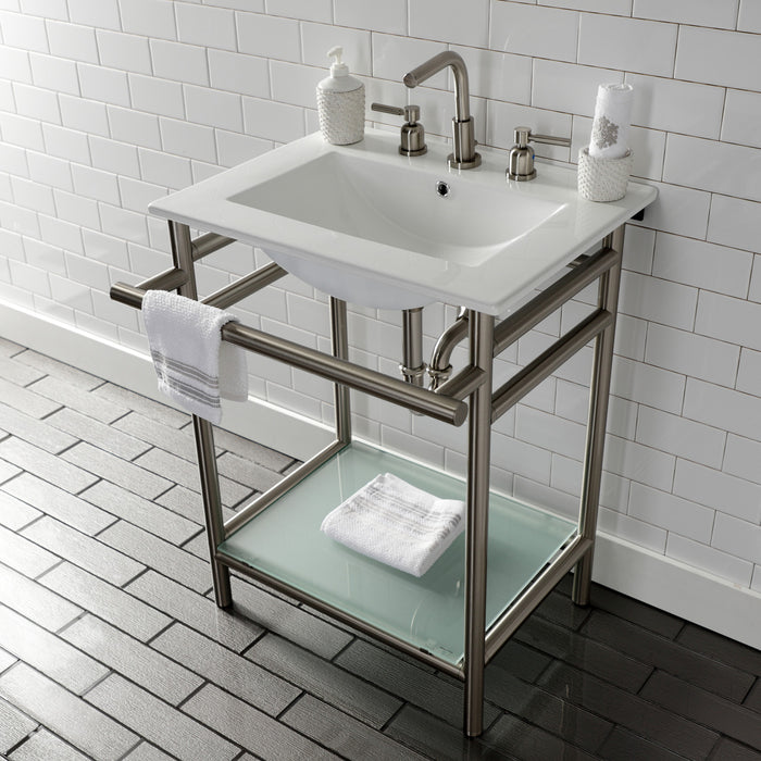 Kingston Sona VPB24187W88 - Sheridan 24-Inch Ceramic Console Sink with Stainless Steel Legs and Glass Shelf (8-Inch, 3-Hole), White/Brushed Nickel