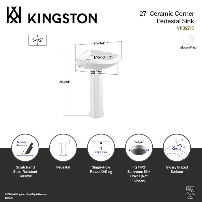 Kingston Heirloom VPB2710 - Venus 27-Inch Ceramic Corner Pedestal Sink (Single Hole), Glossy White