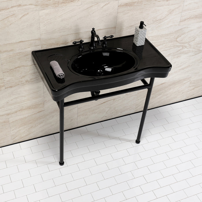 Kingston Tulare VPB28140W80K - Bristol 36-Inch Ceramic Console Sink with Stainless Steel Legs (8-Inch, 3-Hole), Black/Matte Black