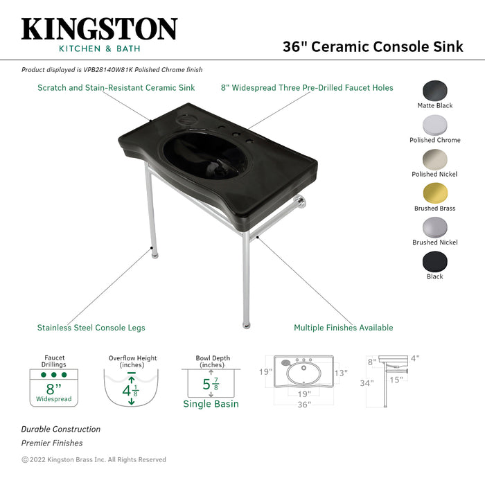 Kingston Tulare VPB28140W81K - Bristol 36-Inch Ceramic Console Sink with Stainless Steel Legs (8-Inch, 3-Hole), Black/Polished Chrome