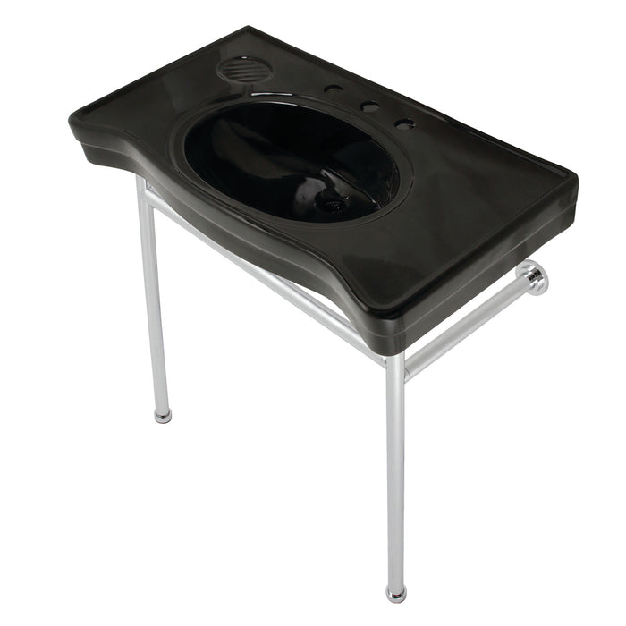 Kingston Tulare VPB28140W81K - Bristol 36-Inch Ceramic Console Sink with Stainless Steel Legs (8-Inch, 3-Hole), Black/Polished Chrome