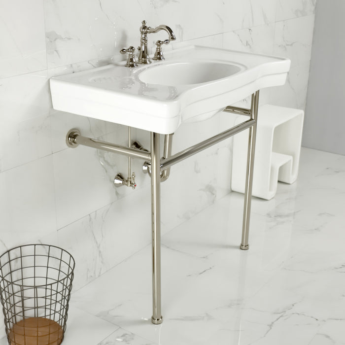 Kingston Tulare VPB28140W86 - Bristol 36-Inch Ceramic Console Sink with Stainless Steel Legs (8-Inch, 3-Hole), White/Polished Nickel