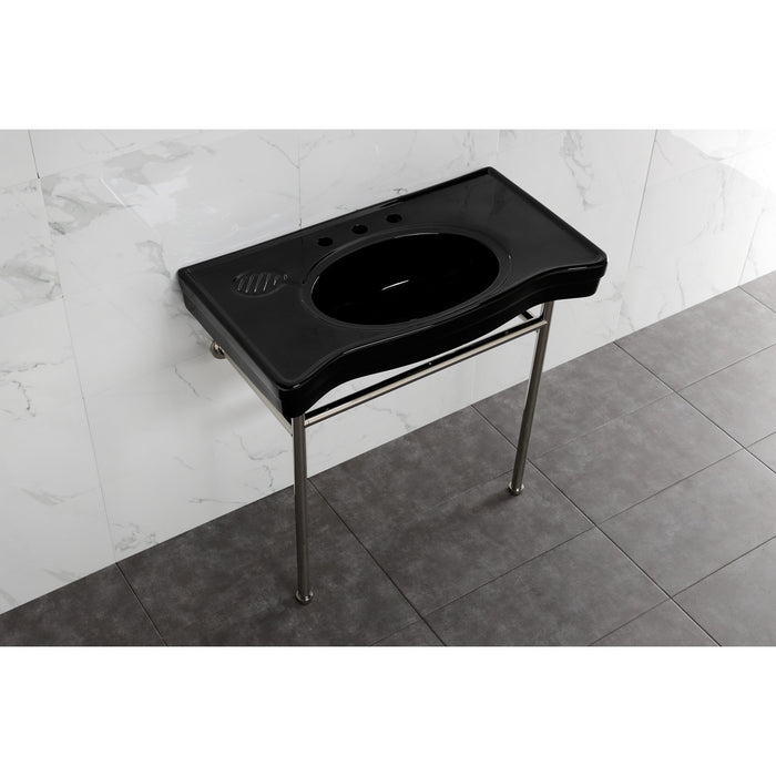 Kingston Tulare VPB28140W86K - Bristol 36-Inch Ceramic Console Sink with Stainless Steel Legs (8-Inch, 3-Hole), Black/Polished Nickel