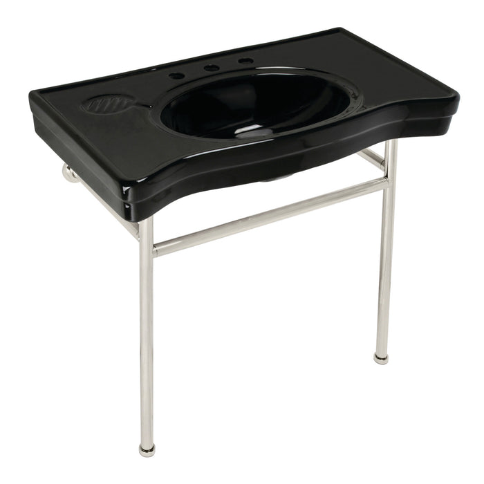Kingston Tulare VPB28140W86K - Bristol 36-Inch Ceramic Console Sink with Stainless Steel Legs (8-Inch, 3-Hole), Black/Polished Nickel