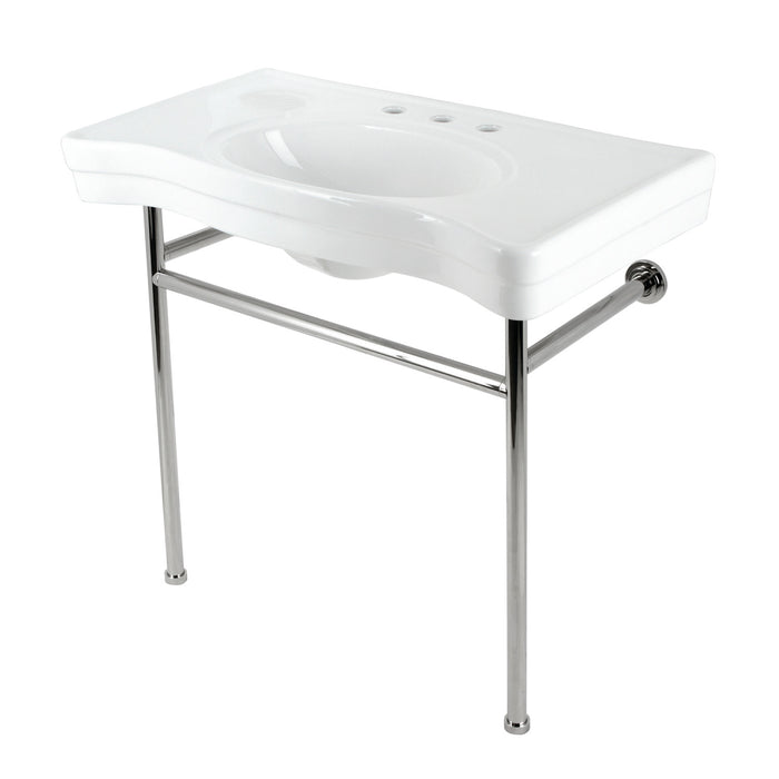 Kingston Tulare VPB28140W86 - Bristol 36-Inch Ceramic Console Sink with Stainless Steel Legs (8-Inch, 3-Hole), White/Polished Nickel