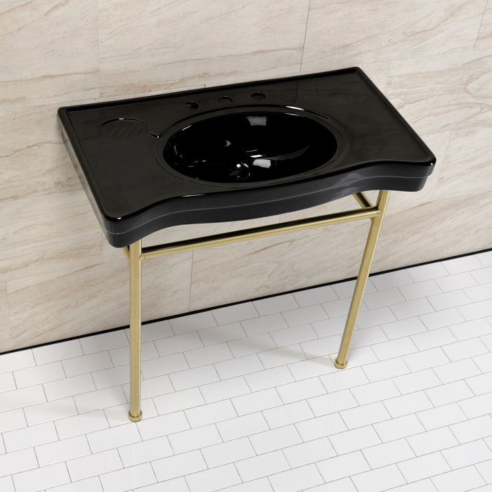 Kingston Tulare VPB28140W87K - Bristol 36-Inch Ceramic Console Sink with Stainless Steel Legs (8-Inch, 3-Hole), Black/Brushed Brass