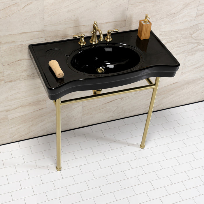 Kingston Tulare VPB28140W87K - Bristol 36-Inch Ceramic Console Sink with Stainless Steel Legs (8-Inch, 3-Hole), Black/Brushed Brass