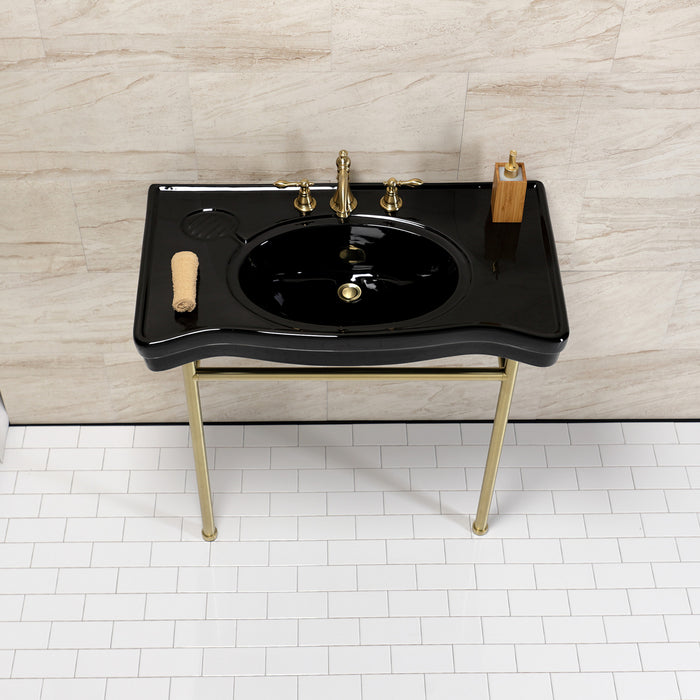 Kingston Tulare VPB28140W87K - Bristol 36-Inch Ceramic Console Sink with Stainless Steel Legs (8-Inch, 3-Hole), Black/Brushed Brass