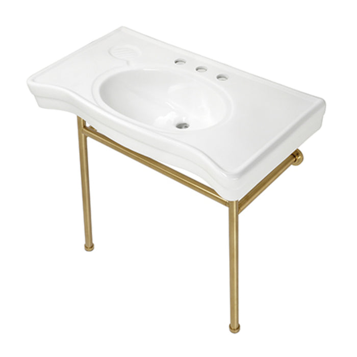 Bristol VPB28140W87 36-Inch Ceramic Console Sink with Stainless Steel Legs (8-Inch, 3-Hole), White/Brushed Brass