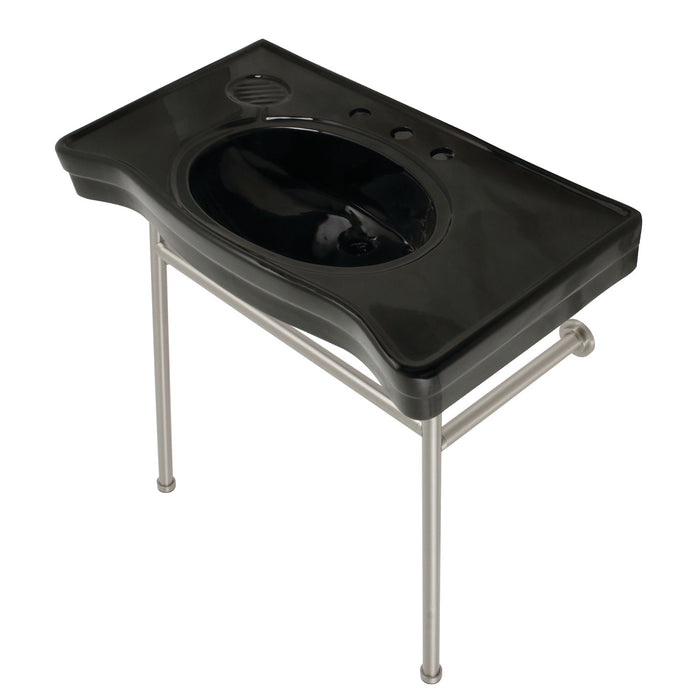 Kingston Tulare VPB28140W88K - Bristol 36-Inch Ceramic Console Sink with Stainless Steel Legs (8-Inch, 3-Hole), Black/Brushed Nickel