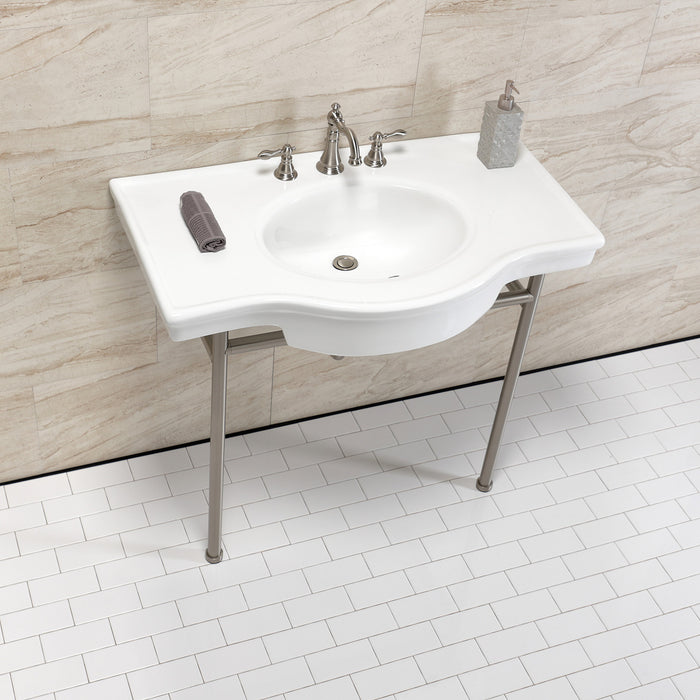 Manchester VPB28140W8BN 37-Inch Ceramic Console Sink with Stainless Steel Legs (8-Inch, 3-Hole), White/Brushed Nickel