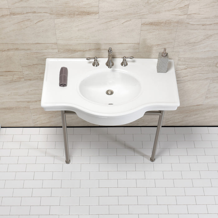 Manchester VPB28140W8BN 37-Inch Ceramic Console Sink with Stainless Steel Legs (8-Inch, 3-Hole), White/Brushed Nickel