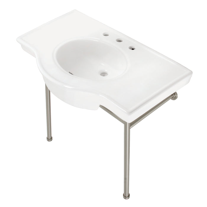 Manchester VPB28140W8BN 37-Inch Ceramic Console Sink with Stainless Steel Legs (8-Inch, 3-Hole), White/Brushed Nickel