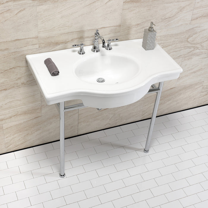 Kingston Tulare VPB28140W8CP - Manchester 37-Inch Ceramic Console Sink with Stainless Steel Legs (8-Inch, 3-Hole), White/Polished Chrome