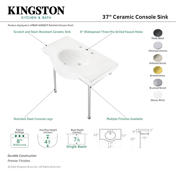Kingston Tulare VPB28140W8PN - Manchester 37-Inch Ceramic Console Sink with Stainless Steel Legs (8-Inch, 3-Hole), White/Polished Nickel