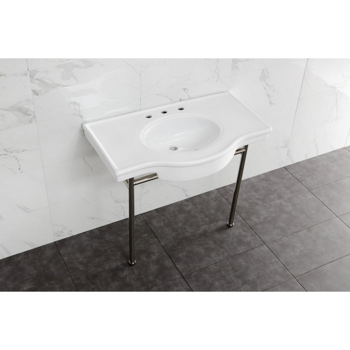 Kingston Tulare VPB28140W8PN - Manchester 37-Inch Ceramic Console Sink with Stainless Steel Legs (8-Inch, 3-Hole), White/Polished Nickel