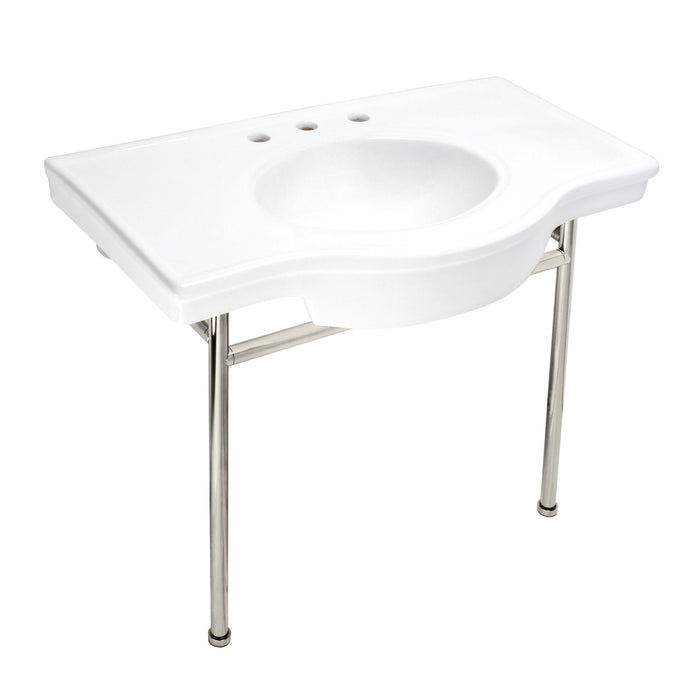 Kingston Tulare VPB28140W8PN - Manchester 37-Inch Ceramic Console Sink with Stainless Steel Legs (8-Inch, 3-Hole), White/Polished Nickel