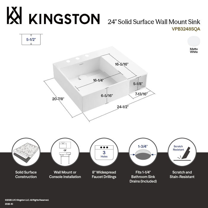 Kingston Sona VPB3248SQA - Aurelius 24-Inch Wall Mount Console Sink (8-Inch, 3-Hole), Matte White