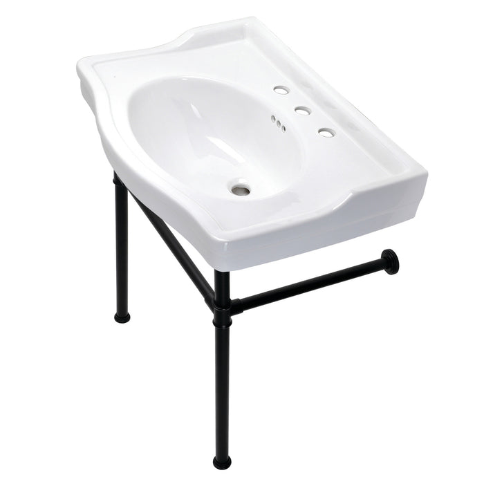 Kingston Heirloom VPB33080ST - Victorian 30-Inch Ceramic Console Sink with Stainless Steel Legs (8-Inch, 3-Hole), White/Matte Black