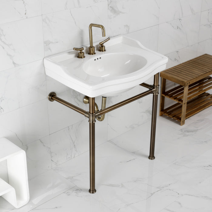 Kingston Heirloom VPB33083ST - Victorian 30-Inch Ceramic Console Sink with Stainless Steel Legs (8-Inch, 3-Hole), White/Antique Brass