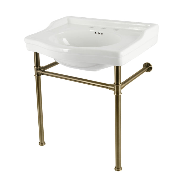 Kingston Heirloom VPB33083ST - Victorian 30-Inch Ceramic Console Sink with Stainless Steel Legs (8-Inch, 3-Hole), White/Antique Brass