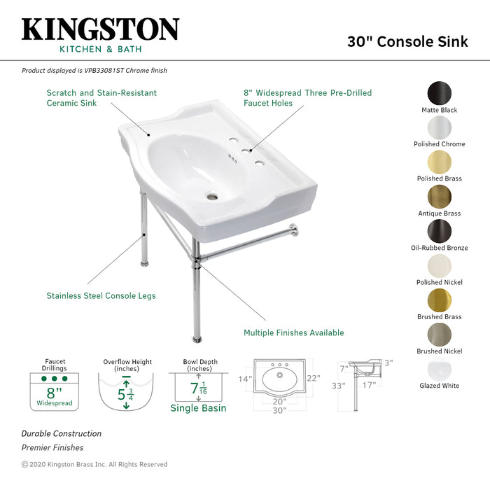 Kingston Heirloom VPB33086ST - Victorian 30-Inch Ceramic Console Sink with Stainless Steel Legs (8-Inch, 3-Hole), White/Polished Nickel