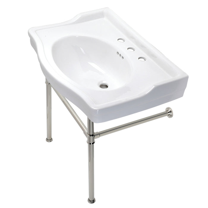 Kingston Heirloom VPB33086ST - Victorian 30-Inch Ceramic Console Sink with Stainless Steel Legs (8-Inch, 3-Hole), White/Polished Nickel