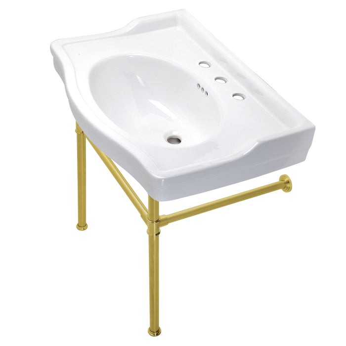 Kingston Heirloom VPB33087ST - Victorian 30-Inch Ceramic Console Sink with Stainless Steel Legs (8-Inch, 3-Hole), White/Brushed Brass