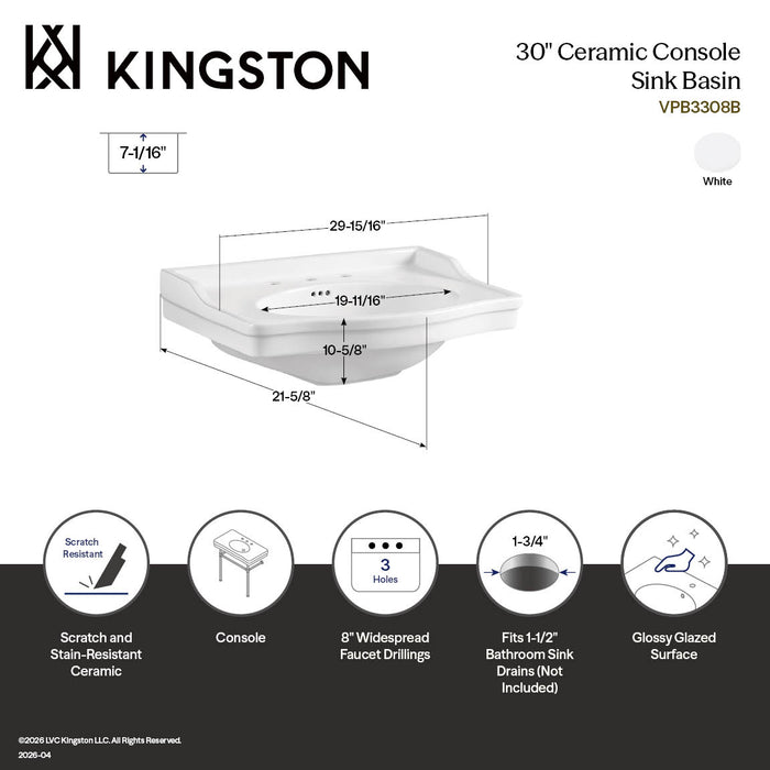 Kingston Victorian VPB3308B 30-Inch Ceramic Console Sink (8-Inch, 3-Hole), White