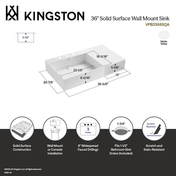 Kingston Sona VPB3368SQA - Aurelius 36-Inch Wall Mount Console Sink (8-Inch, 3-Hole), Matte White