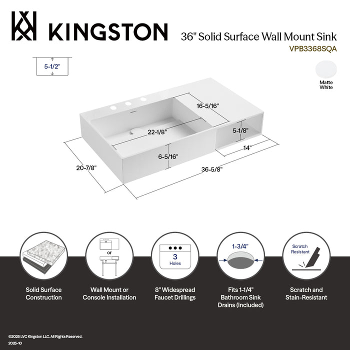 Kingston Sona VPB3368SQA - Aurelius 36-Inch Wall Mount Console Sink (8-Inch, 3-Hole), Matte White