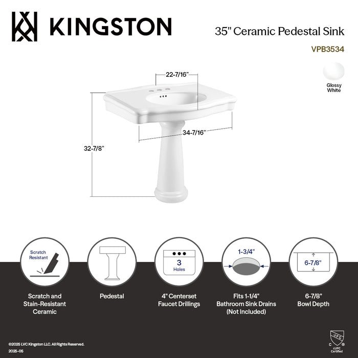 Sovereign VPB3534 35-Inch Ceramic Pedestal Sink (4-Inch, 3-Hole), Glossy White