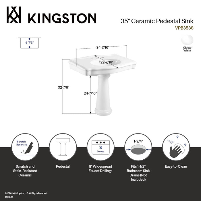 Kingston Heirloom VPB3538 - Sovereign 35-Inch Ceramic Pedestal Sink (8-Inch, 3-Hole), Glossy White